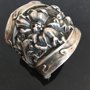 Art Nouveau Sterling Silver Floral Cuff Bracelet 925 Repoussé Victorian Wide